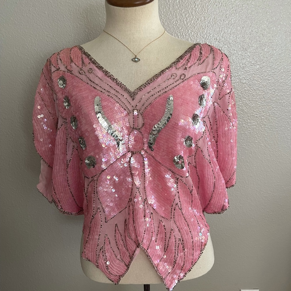 Vtg 80’s Pink Sequin Beaded Butterfly Top